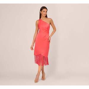 Adrianna Papell Stretch Satin One Shoulder Midi Dress With Fringe Skirt In Spicy